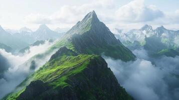 A panoramic view from the highest peak. Scenic views on mountain peaks photo