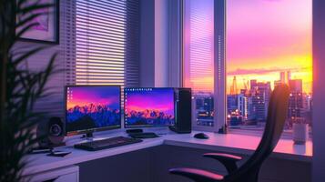 Stylish home office setup, offering a convenient and comfortable workspace for remote work photo
