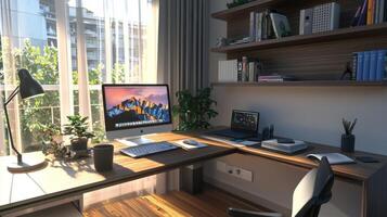 Stylish home office setup, offering a convenient and comfortable workspace for remote work photo