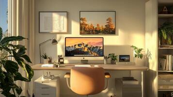 Stylish home office setup, offering a convenient and comfortable workspace for remote work photo