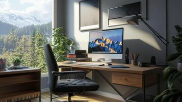 Stylish home office setup, offering a convenient and comfortable workspace for remote work photo