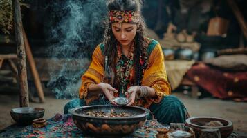 Traveler experiencing local traditions and customs. Traveler enjoying local culture photo