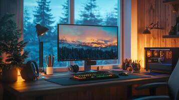 Stylish home office setup, offering a convenient and comfortable workspace for remote work photo