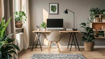 Stylish home office setup, offering a convenient and comfortable workspace for remote work photo