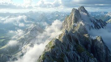 A panoramic view from the highest peak. Scenic views on mountain peaks photo