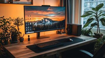Stylish home office setup, offering a convenient and comfortable workspace for remote work photo