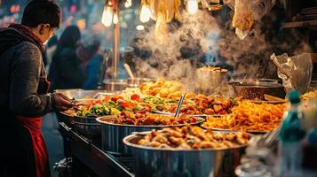 Vibrant street food markets with diverse offerings. Street food for tourists stalls offering diverse photo