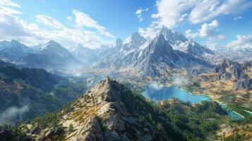 A panoramic view from the highest peak. Scenic views on mountain peaks photo