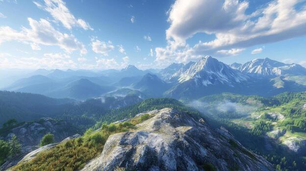 A panoramic view from the highest peak. Scenic views on mountain peaks photo