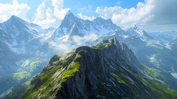 A panoramic view from the highest peak. Scenic views on mountain peaks photo