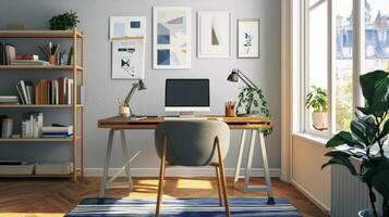 Stylish home office setup, offering a convenient and comfortable workspace for remote work photo