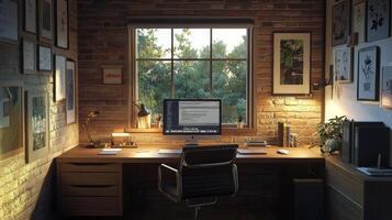 Stylish home office setup, offering a convenient and comfortable workspace for remote work photo
