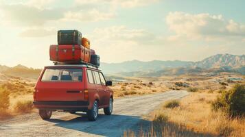 Red retro car with luggage on the roof. Family road trip with luggage on top of car photo
