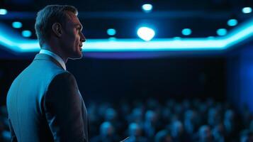 Business leader presenting at conference and seminar. A man confidently presenting to people photo
