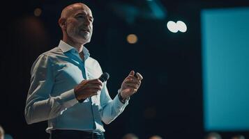 Business leader presenting at conference and seminar. A man confidently presenting to people photo