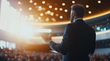 Business leader presenting at conference and seminar. A man confidently presenting to people photo