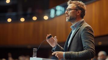 Business leader presenting at conference and seminar. A man confidently presenting to people photo