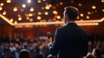 Business leader presenting at conference and seminar. A man confidently presenting to people photo