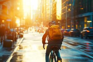 Bicyclist riding through vibrant city street. Urban cycling adventure through vibrant city streets photo