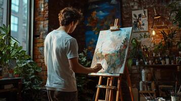 Talented artist painting in studio, using paint brush creates modern masterpiece photo