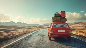 Red retro car with luggage on the roof. Family road trip with luggage on top of car photo