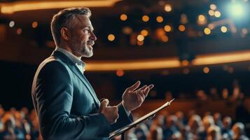 Business leader presenting at conference and seminar. A man confidently presenting to people photo