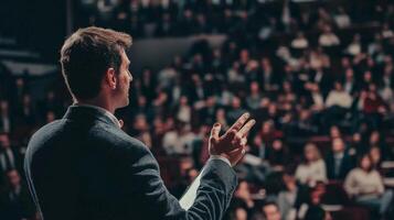 Business leader presenting at conference and seminar. A man confidently presenting to people photo