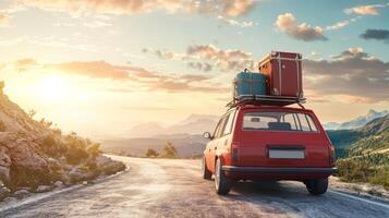 Red retro car with luggage on the roof. Family road trip with luggage on top of car photo
