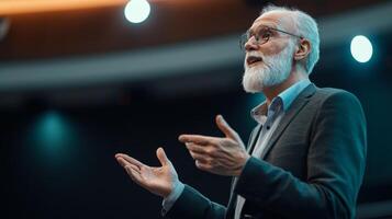 Business leader presenting at conference and seminar. A man confidently presenting to people photo