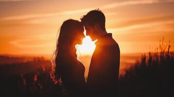 Couple sharing a romantic moment during sunset, captured in a dreamy atmosphere photo