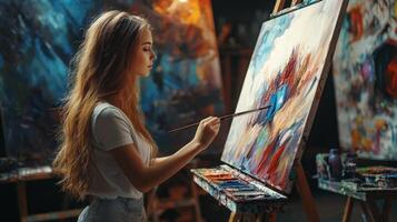 Talented artist painting in studio, using paint brush creates modern masterpiece photo
