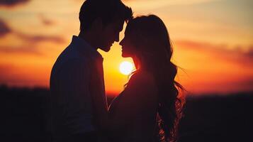 Couple sharing a romantic moment during sunset, captured in a dreamy atmosphere photo