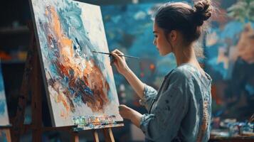 Talented artist painting in studio, using paint brush creates modern masterpiece photo