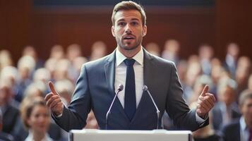 Business leader presenting at conference and seminar. A man confidently presenting to people photo