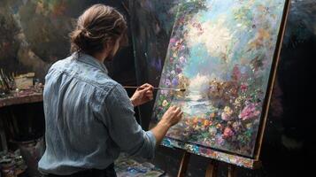 Talented artist painting in studio, using paint brush creates modern masterpiece photo