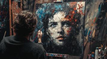 Talented artist painting in studio, using paint brush creates modern masterpiece photo