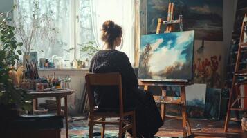 Talented artist painting in studio, using paint brush creates modern masterpiece photo