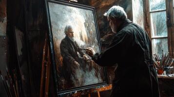 Talented artist painting in studio, using paint brush creates modern masterpiece photo