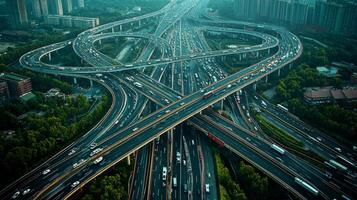 Aerial view of highway road interchange with busy urban traffic speeding on the road photo