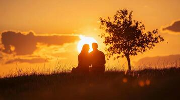 Couple sharing a romantic moment during sunset, captured in a dreamy atmosphere photo