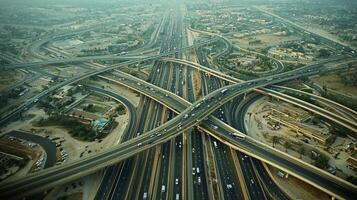 Aerial view of highway road interchange with busy urban traffic speeding on the road photo