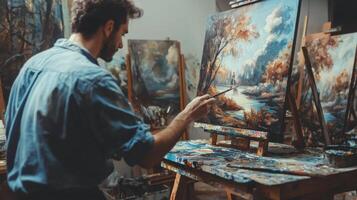 Talented artist painting in studio, using paint brush creates modern masterpiece photo