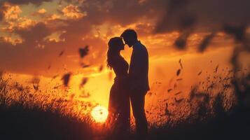 Couple sharing a romantic moment during sunset, captured in a dreamy atmosphere photo