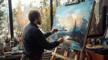 Talented artist painting in studio, using paint brush creates modern masterpiece photo