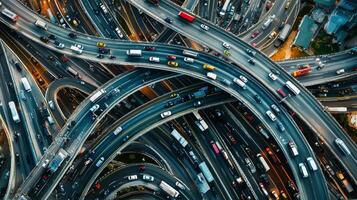 Aerial view of highway road interchange with busy urban traffic speeding on the road photo