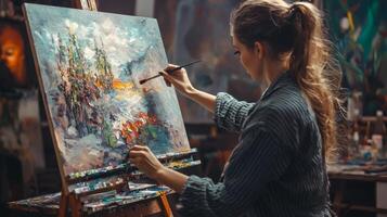 Talented artist painting in studio, using paint brush creates modern masterpiece photo