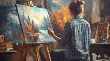 Talented artist painting in studio, using paint brush creates modern masterpiece photo