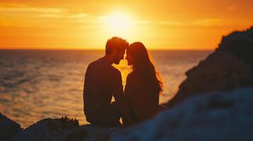 Couple sharing a romantic moment during sunset, captured in a dreamy atmosphere photo