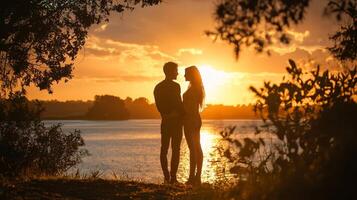 Couple sharing a romantic moment during sunset, captured in a dreamy atmosphere photo