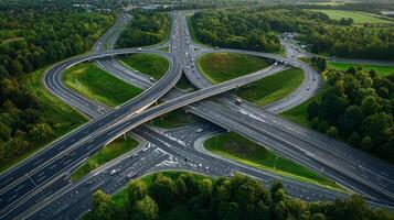 Aerial view of highway road interchange with busy urban traffic speeding on the road photo
